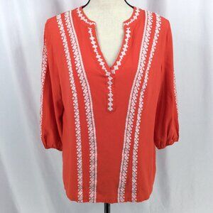 Solitaire Top Womens Size Large Red White Embroidered Peasant 3/4 Sleeve V-Neck